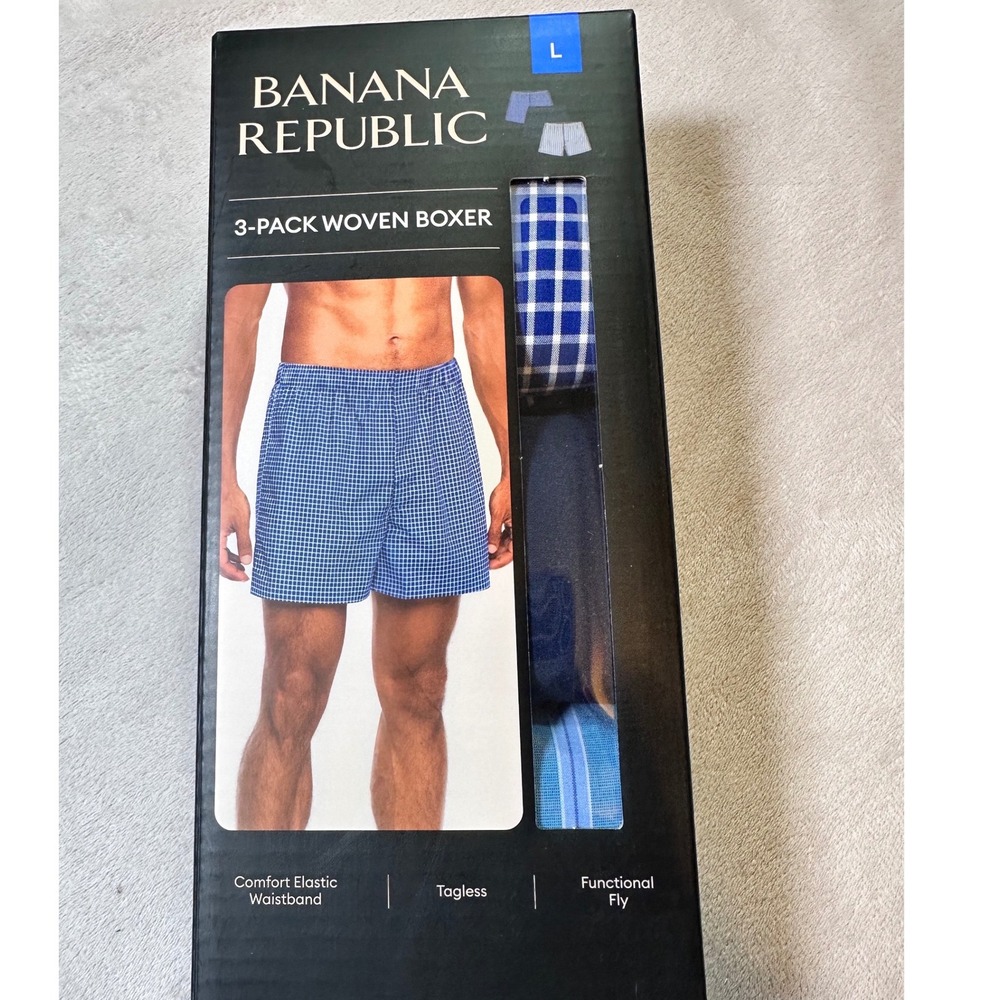 Banana Republic Mens 3-Pack Woven Cotton Boxers Blue Plaid Stripe Size L 1965984